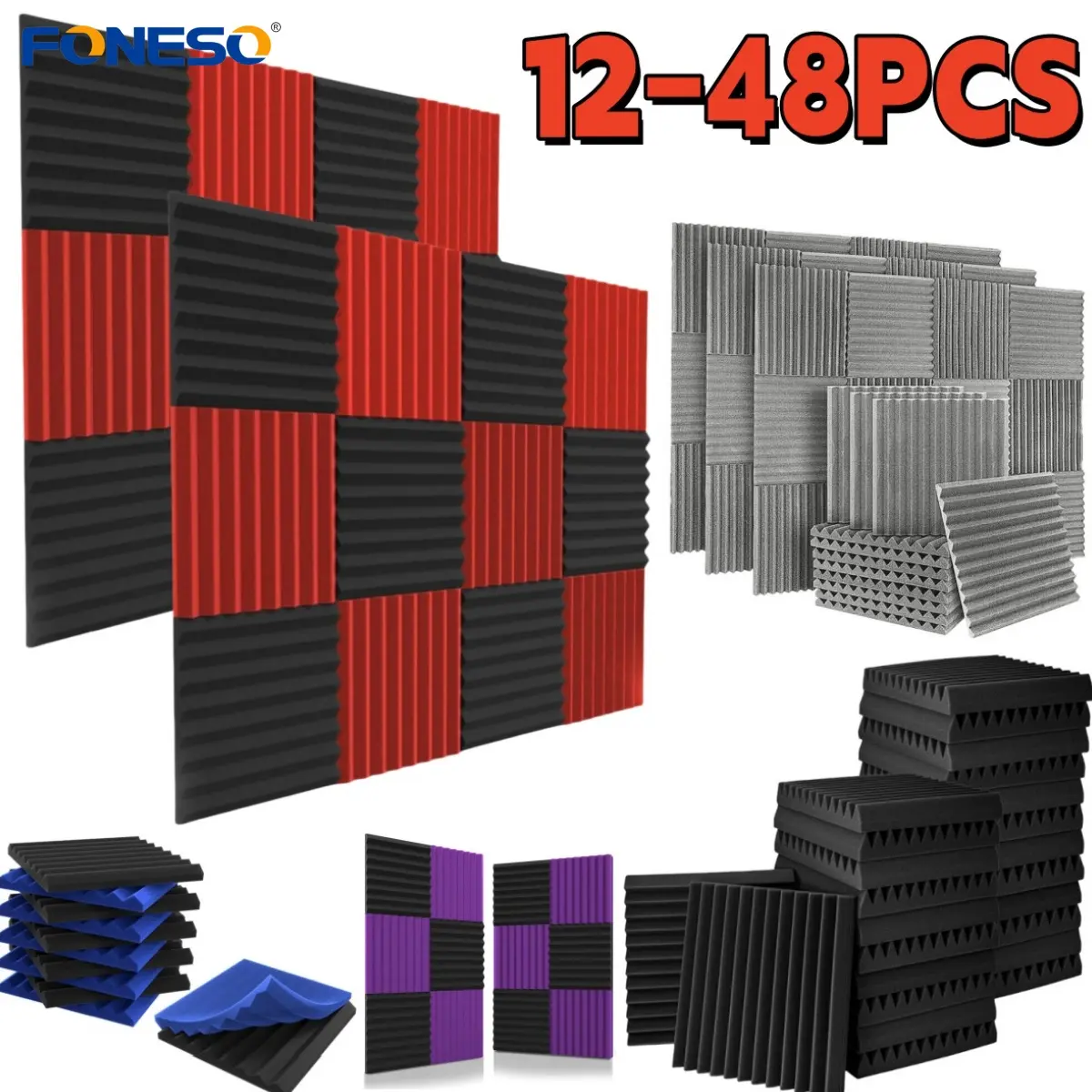 12-48PCS Wedge Noise Reduction Panels, Acoustic Foam Soundproof Panels with Insulation for Studio, Reading Room