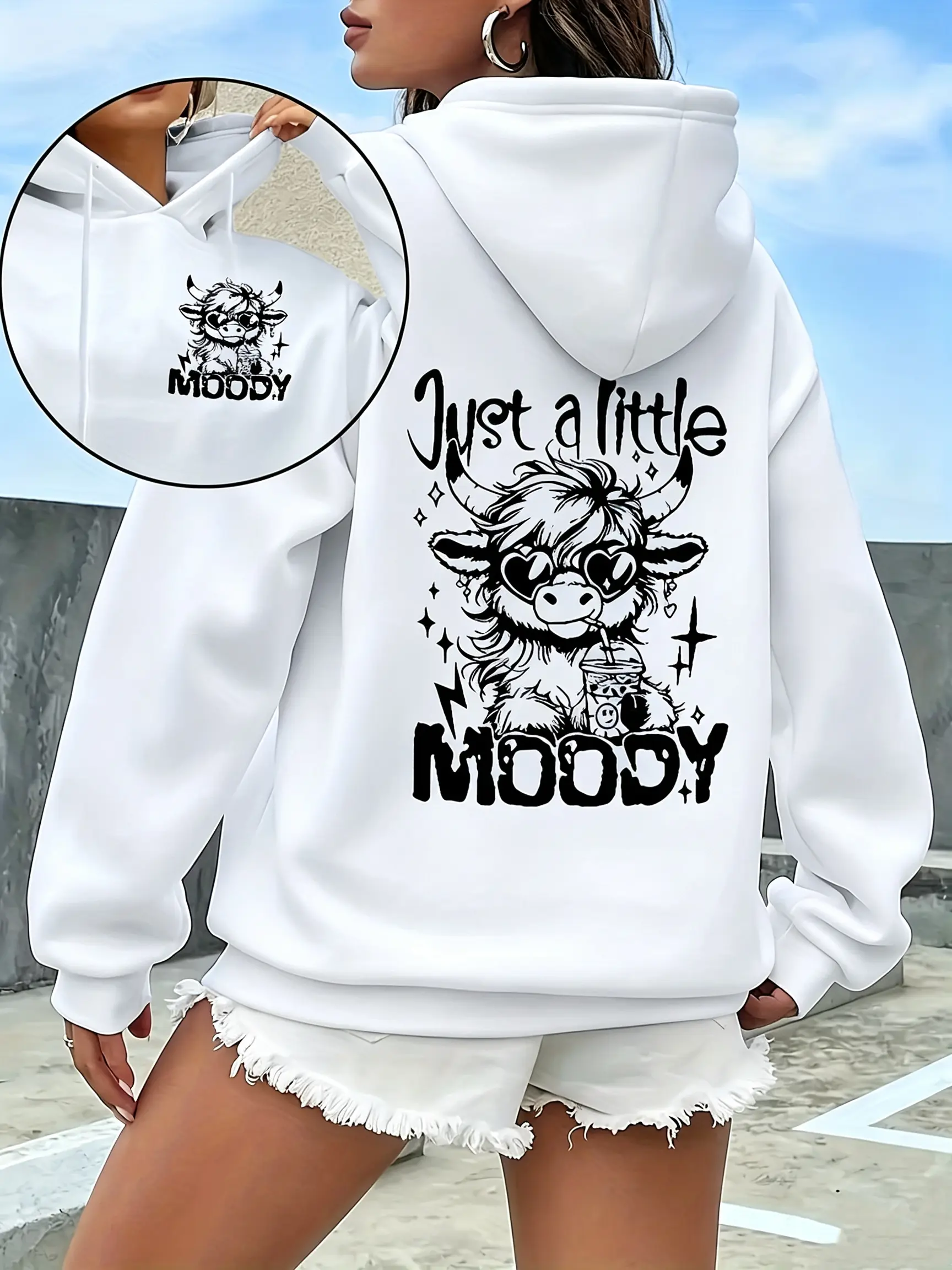 Just A Little Moody Heart Sunglasses Highland Cow Bubble Tea Grunge Graphic Oversized Pullover Hoodie | Sassy Funny Cow Lover Women Aesthetic Unisex Loose Casual Hooded Sweatshirt Drawstring Piece