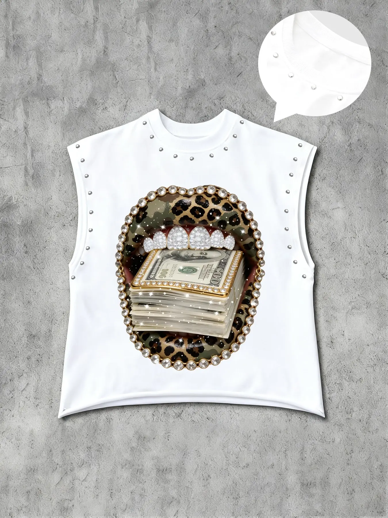 Hiphop Casual Style Sleeveless Graphic T-Shirt, Leopard Print Lips Cash & Diamond Teeth, Men's Rivet Decor Tank Top, Streetwear Fashion, Vest Top, Sleeveless T Shirts