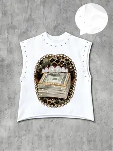 Hiphop Casual Style Sleeveless Graphic T-Shirt, Leopard Print Lips Cash & Diamond Teeth, Men's Rivet Decor Tank Top, Streetwear Fashion