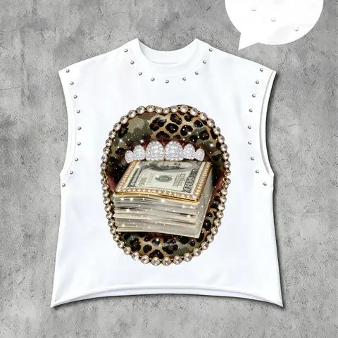 Hiphop Casual Style Sleeveless Graphic T-Shirt, Leopard Print Lips Cash & Diamond Teeth, Men's Rivet Decor Tank Top, Streetwear Fashion, Vest Top, Sleeveless T Shirts