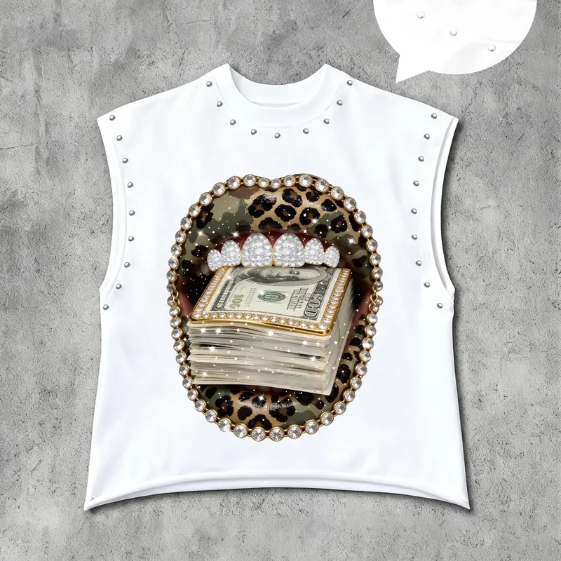 Hiphop Casual Style Sleeveless Graphic T-Shirt, Leopard Print Lips Cash & Diamond Teeth, Men's Rivet Decor Tank Top, Streetwear Fashion, Vest Top, Sleeveless T Shirts