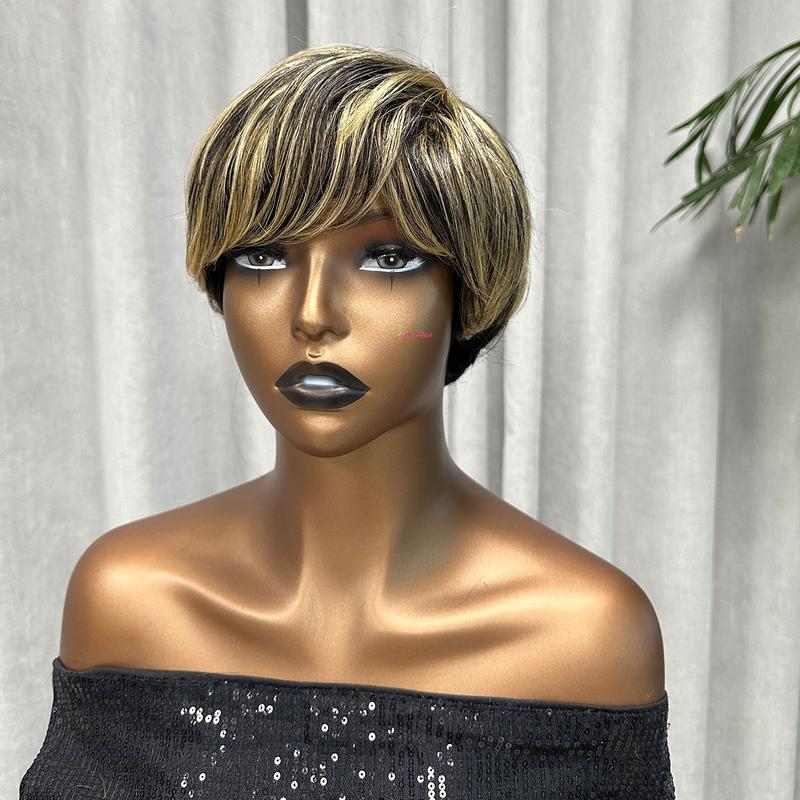 ShowRealHair 9149 Ombre Blonde Color Pixie Cut Wig Honey Blonde Pixie Wigs for Black Women Short Layerd Short Wigs With Bangs Brazilian Virgin Human Hair Pixie Cut Layered Wig