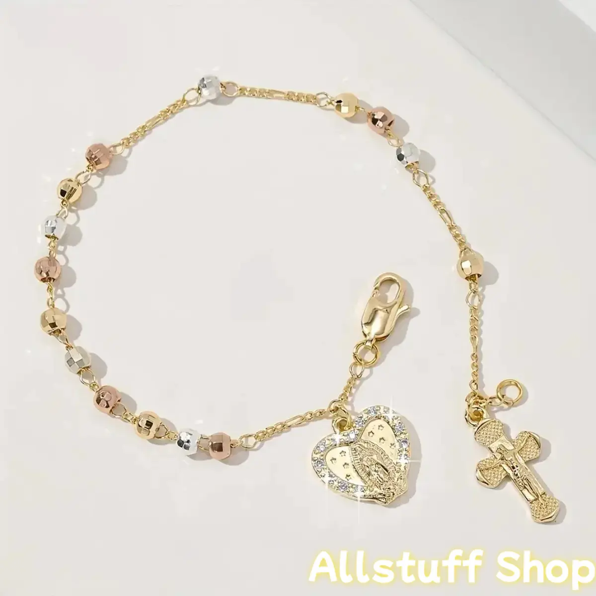 Women's Cross & Heart Bracelet - 2026 Top-Selling Light Luxury Gold Jewelry with Micro-Set Tri-Color Octagonal Beads, Ideal Gift for Mothers, Accessories for Women (Sports & Outdoor Apparel Accessory)