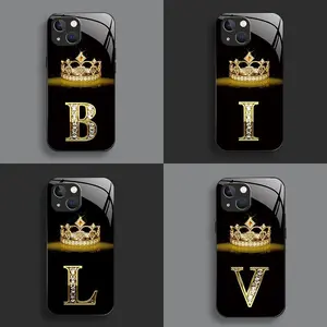 Suitable for [iPhone 14 Plus] New high-end crown letter glass mobile phone case new business simple explosion-proof mobile phone case affordable anti-fall anti-fingerprint 995
