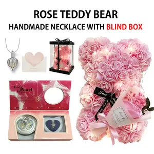 Rose Teddy Bear Gift for Her, Artificial Flowers Necklace Rose Teddy Bear with Real Pearl Blind Box Birthday Gift, Valentiness Day Gift for Monther Wife Girl