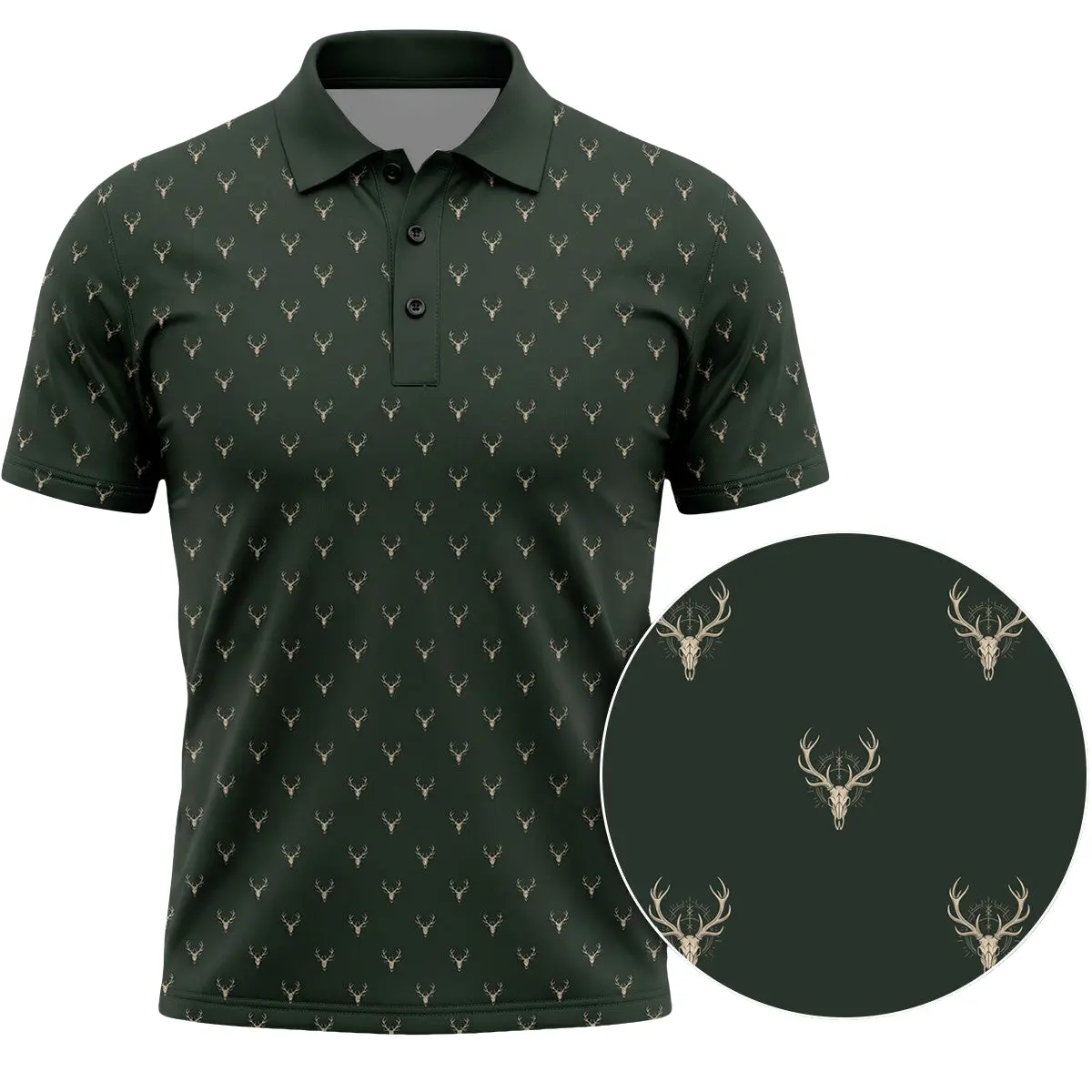 Men’s Textured Sublimation Polo Shirt - Dark Green, Deer Skull Graphics, Short-Sleeve Menswear for Hunting, Golf, Outdoor Casual; Personalized Option Available, Shortsleeve