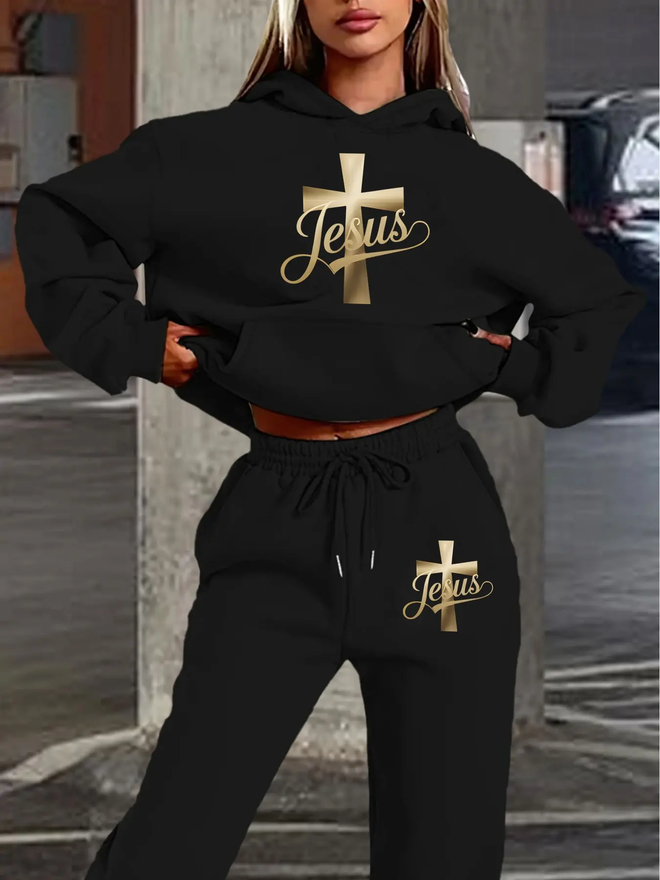 Women's Hooded Sweatshirt Set, Autumn Winter Cross Jesus Art Print, Casual Fitted Style, Daily Wear, Home & Commute, Boxy Sweat Set, Casual Hoodie Set, Fitted Outfit Sets, Womenswear