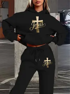 Women's Hooded Sweatshirt Set, Autumn Winter Cross Jesus Art Print, Casual Fitted Style, Daily Wear, Home & Commute, Boxy Sweat Set, Womenswear
