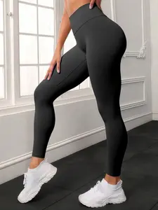 Women's High-Waisted Sporty Yoga Pants, Shaping Leggings, High Waist Stretchy, Tight-Fitting Plain Design, All-Season Comfortable Workout Gear for Running & Fitness Activities