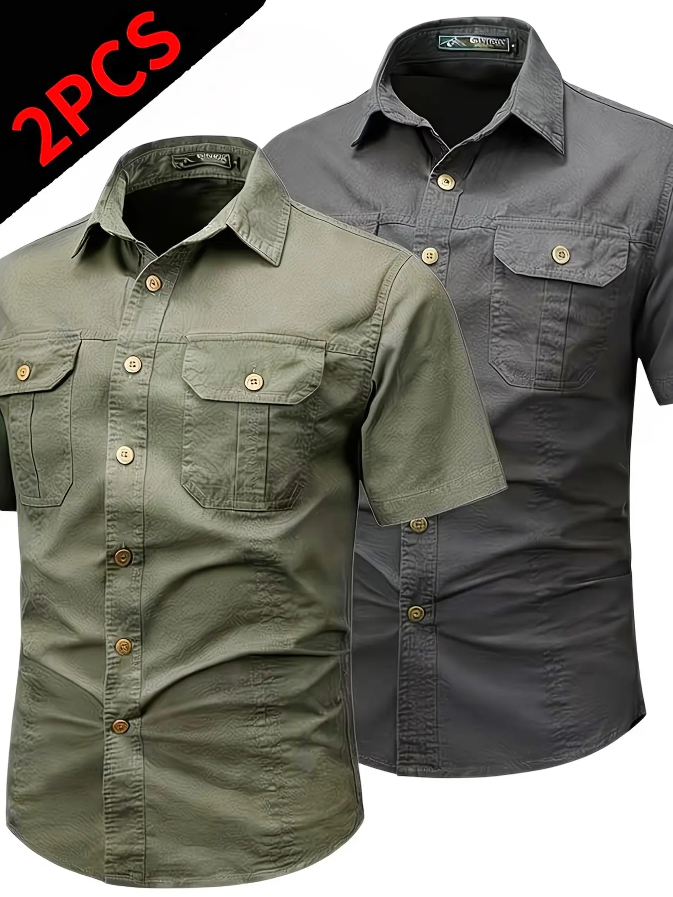 Men's 2-Pack Plain Collared Button Front Shirts, Summer Classic Casual Button Down Workwear, Multi-Pocket Trendy Outdoor Slim Fit Breathable Short Sleeve Shirts, Menswear, Casual Stylish Clothing