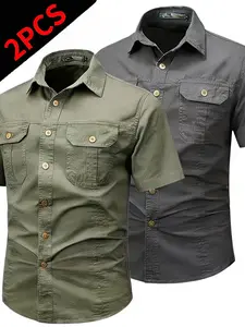 Men's 2-Pack Plain Collared Button Front Shirts, Summer Casual Workwear, Multi-Pocket Trendy Outdoor Slim Fit Breathable Short Sleeve Shirts