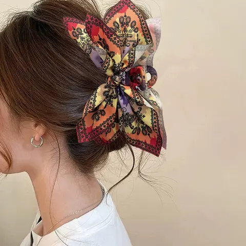 Boho Lotus Print Bow Hair Clip, Elegant Versatile Leopard Fabric Knot Butterfly Clip, Shark Bite Hair Claw for Daily and Beach Vacations, Fun Claw Clips, Super Cute Clips, Boho Hair Accessories