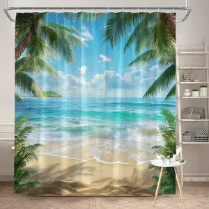 1Pc Tropical Beach Shower Curtain Palm Trees Ocean Sky Nature Landscape Polyester Fabric Bathroom Decor Bath Curtain with 12 Hooks 70.8x70.8 Inch Ideal for Coastal Theme