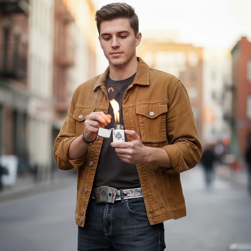 5A playing card pattern leather belt, with a Western cowboy style buckle that also functions as a lighter. A perfect gift for men or fathers.