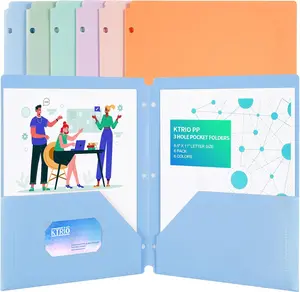 KTRIO File Organizer with Pockets 3 Hole Punched, 6 Pack Plastic for 3 Ring Binder, Letter Size Colored Poly with Business Card Slot for School Students Teachers, 6 Pack