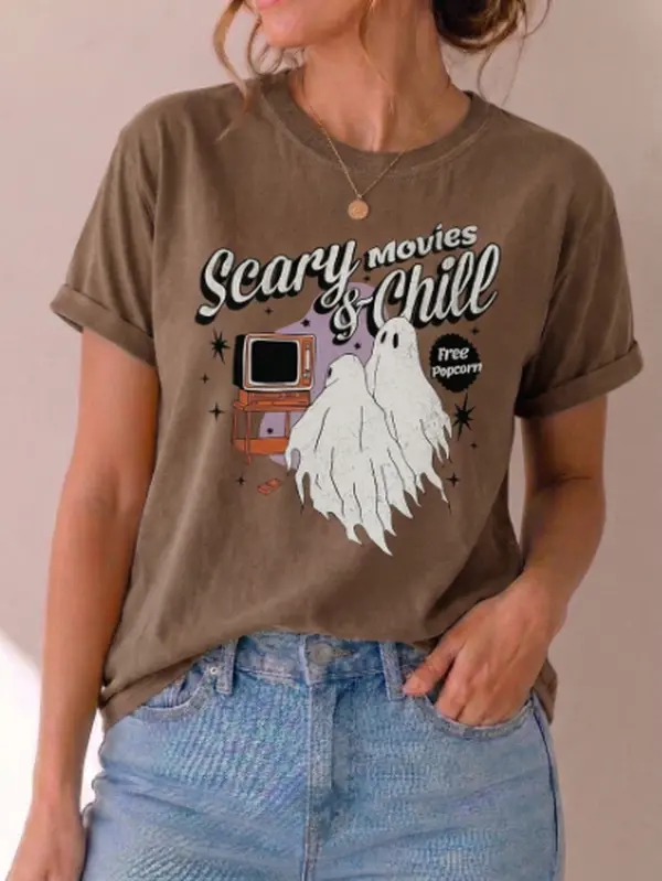 Comfort Colors Scary Movies and Chill T-Shirt - Retro Halloween Graphic Tee, Cozy Fall Movie Night Shirt, Spooky Season Unisex Gift