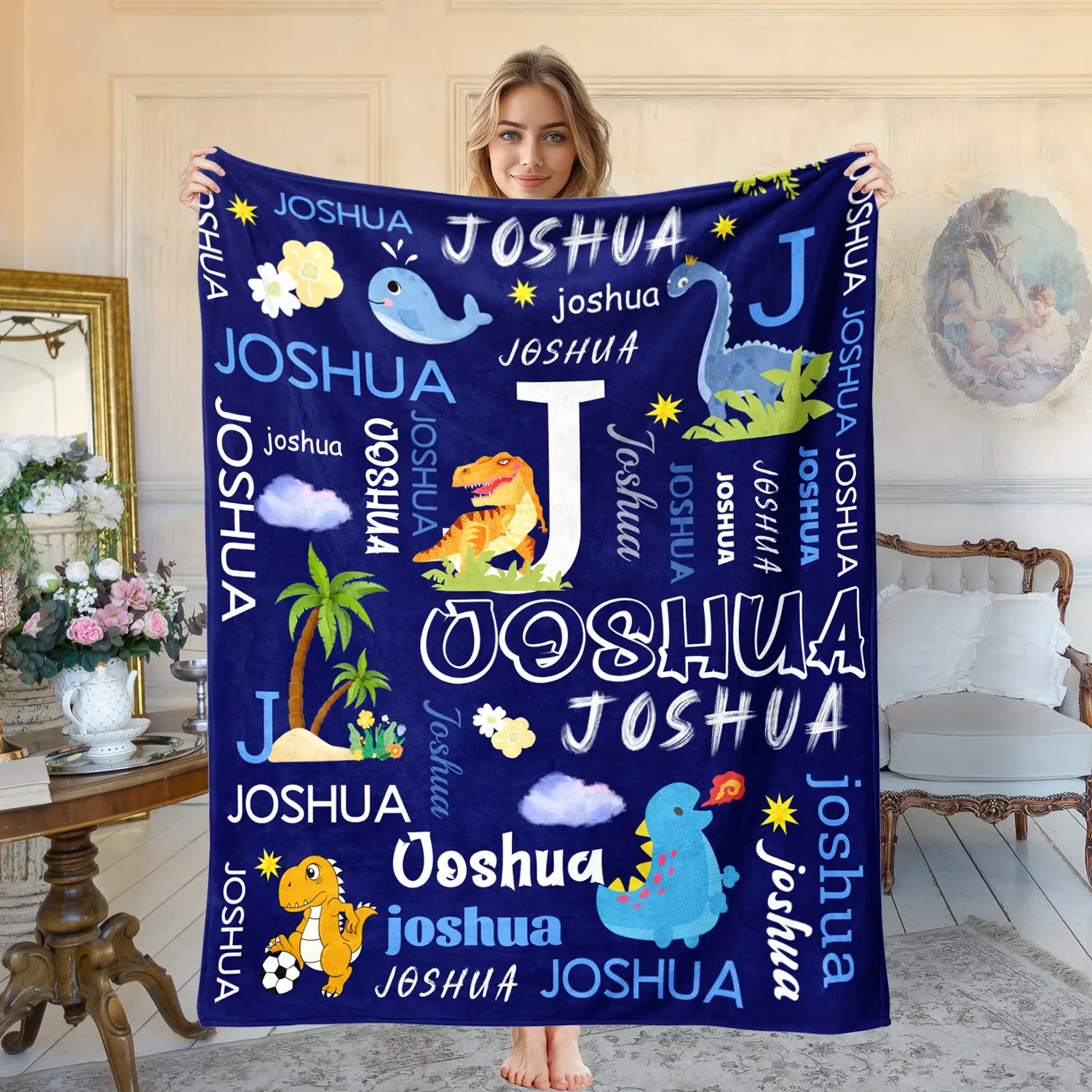 Personalized 40Inch*50Inch（Small For Kids）) Animals Dinosaur Blanket - Breathable Colorful Custom Name Blanket, Back to School Gift for Loved Ones