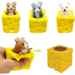 3PCS Animal Squishes Toys with Cheese Cup Squishies Cute Mice Squeeze Toys for Kids Cheese Squirrel Cup Fidget Toys for Adults Anxiety ADHD Stress Relief Toy Birthday Party Favors