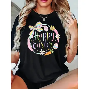 Easter T Shirt Black Happy Easter With Colorful Eggs Flowers And Carrot Print