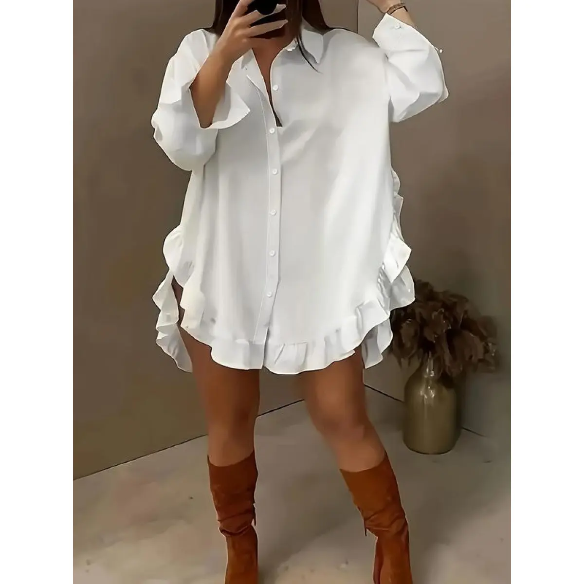 YYW1 Women's White Ruffle Trim Button-Front Longsleeve Collared Blouse, Casual Daily Wear Ladies Top, All-Season Autumn Minimalist Women's Clothes, Longsleeves