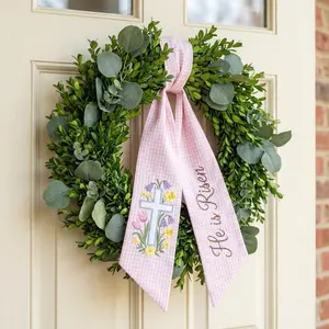 Custom Embroidered Christian Cross Wreath Sash, He Is Risen Easter Basket Bow, Floral Christ Sash, Front Door Ribbon, Holiday Decor