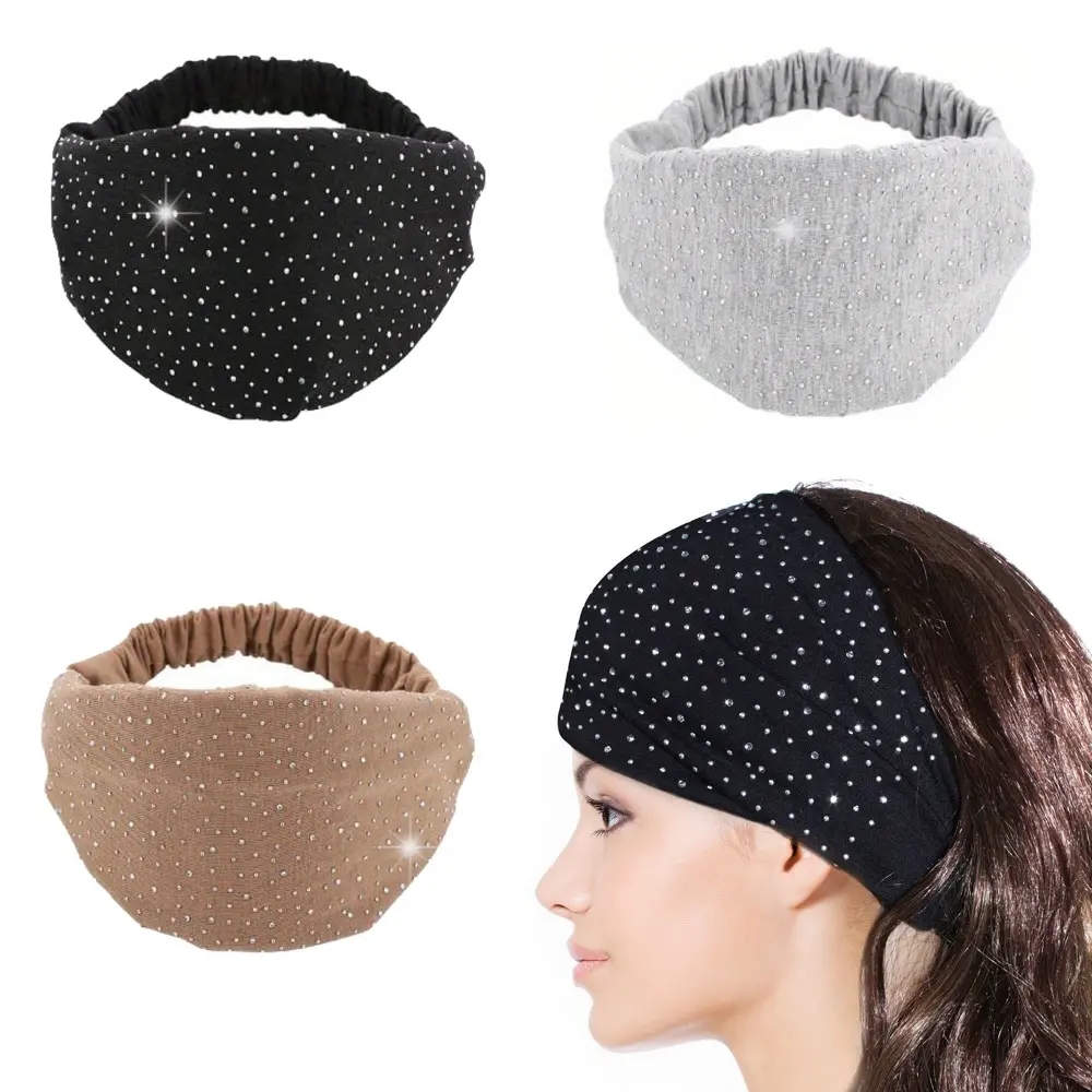 3pcs Rhinestone Wide Headband for Women, Black Wide Head Wraps, Faux Crystal Sparkly Sports Headbands, Elastic Turban, Elegant Hair Accessories for Women, Stylish Headbands for Yoga, Running, Exercise, and Sports, Birthday Gifts