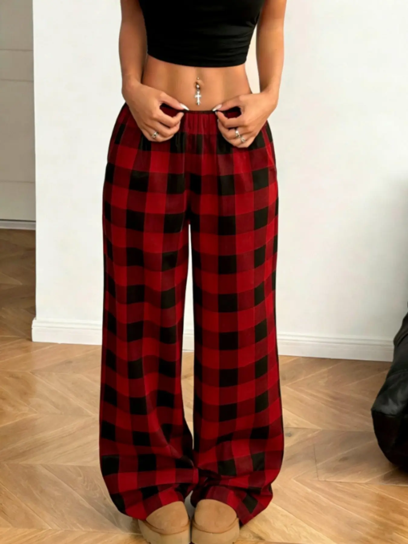 Plaid Wide Leg Pants, Y2K Aesthetic Vintage High Waist Baggy Trousers, Retro Gingham Loose Casual Lounge Pants, 90s Grunge Harajuku Streetwear Sweatpants, 2025 Fashion Trendy Casual Bottoms for Women