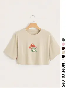 Women's Cartoon Mushroom & Frog Print Round Neck Crop Jersey Fitted Tee, Summer Graphic Tees Women, Fashion Casual Short Sleeve T-shirt for Daily Wear, Ladies Clothes for Summer, Top, Womenswear