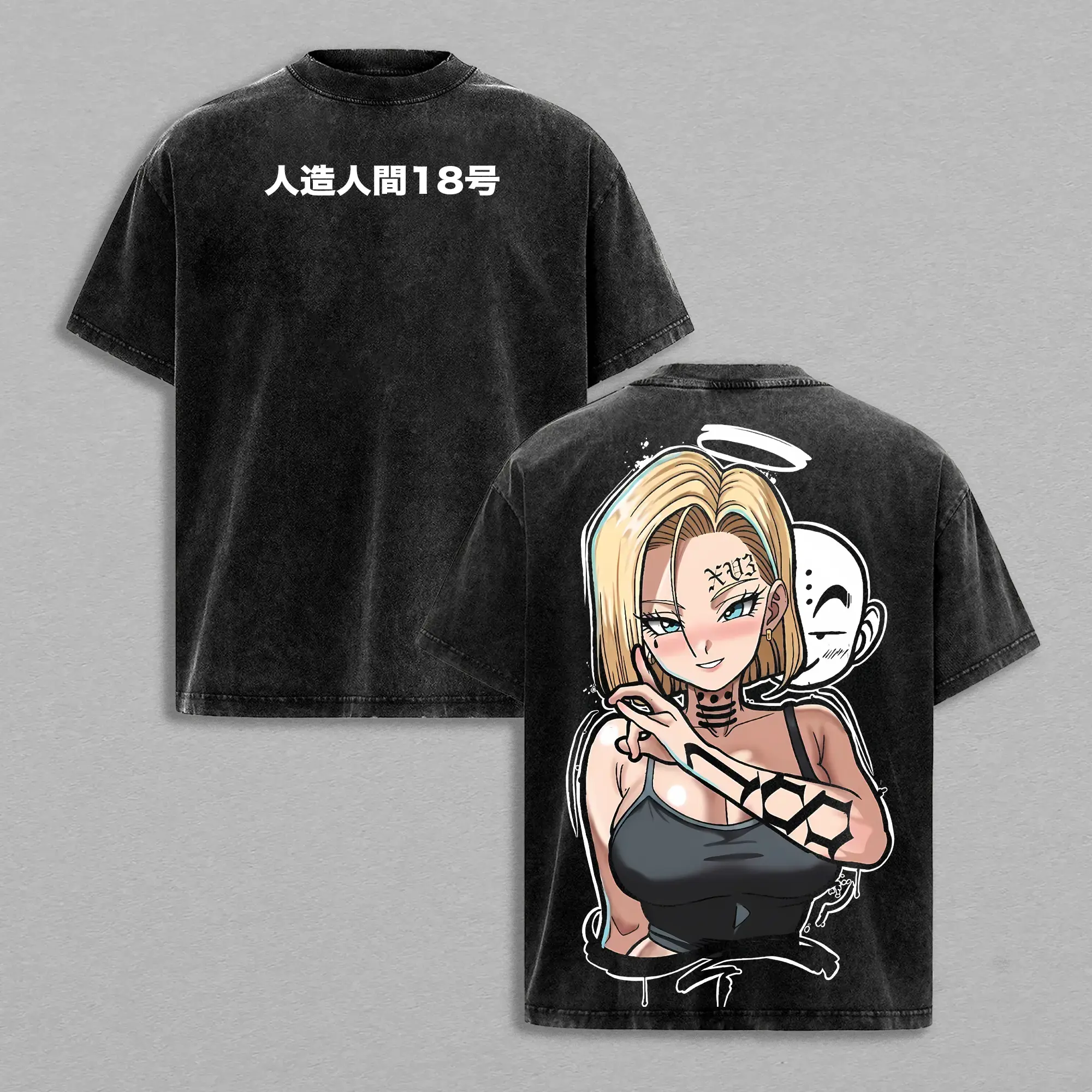 Men's Android 18 Graphic T-Shirt, 90s Retro Anime Apparel with an Oversized Fit in Soft Heavyweight Pre-Washed Cotton