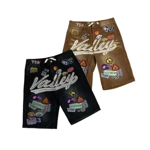 Men's VALE Full Rhinestone Baggy Denim Shorts - Letter Embroidery, Cartoon Graphic, Knee-Length, Y2K Hip Hop Loose Streetwear for 2026 Summer Coachella Festival, Sports & Outdoor Wear