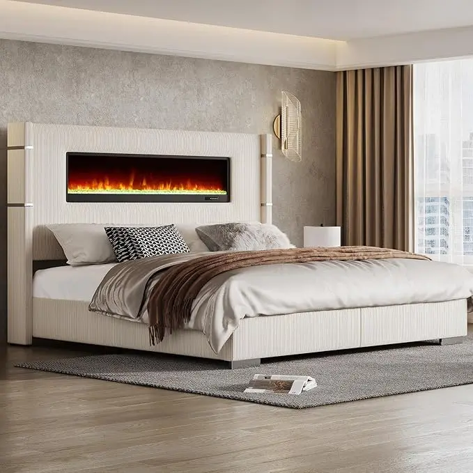[Ships in 2 Boxes] [Summerwins] [SummerFinds] AMERLIFE Modern Bed Frame with Fireplace, Wingback Platform Bed Frame with 60.4“ Extra Tall Headboard, Corduroy Upholstered Bed Frame/No Box Spring Needed/ Unique Bedroom Furniture/Christmas Gifts