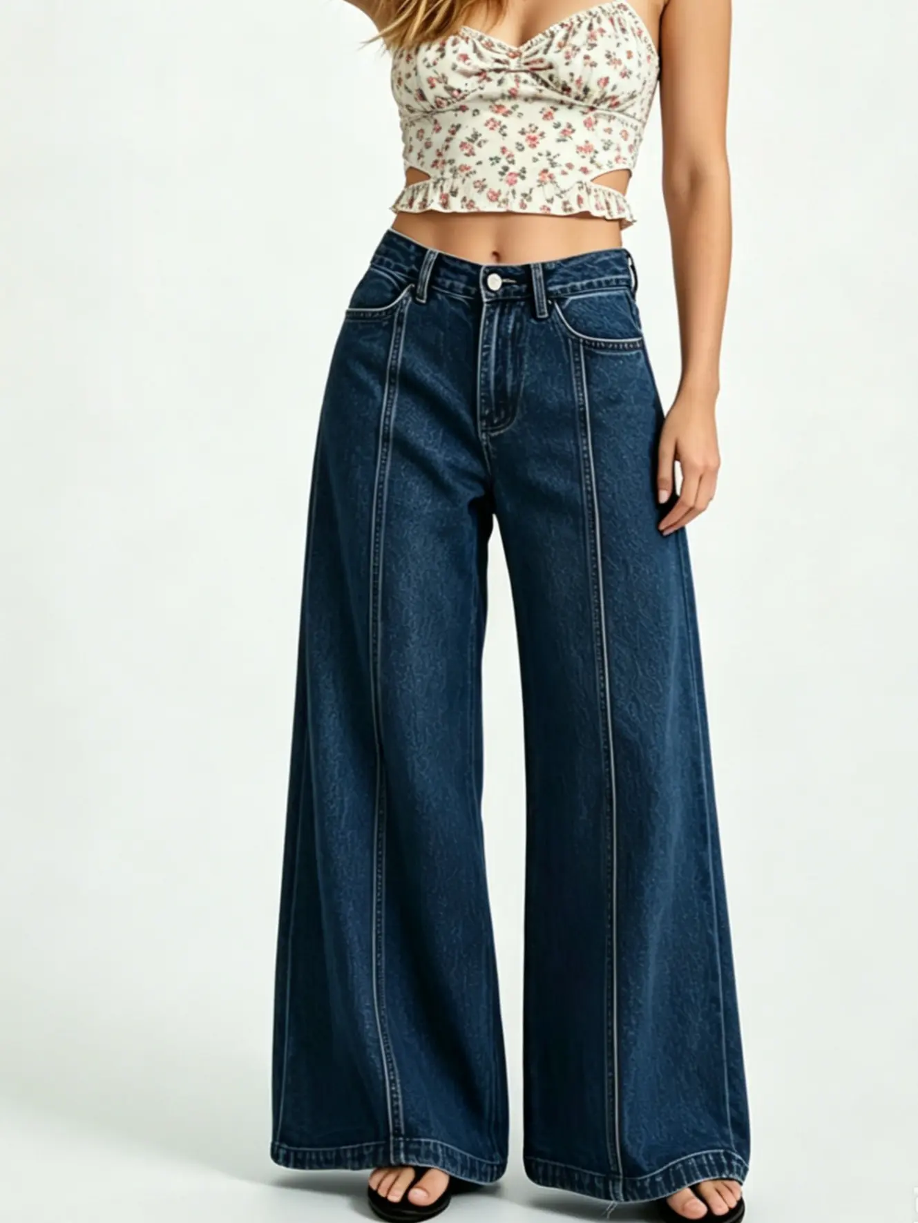 Women's Vintage Solid Color Wide-Leg Denim Jeans - Chic, Loose-Fit Washed Bottoms for Casual, Party Wear