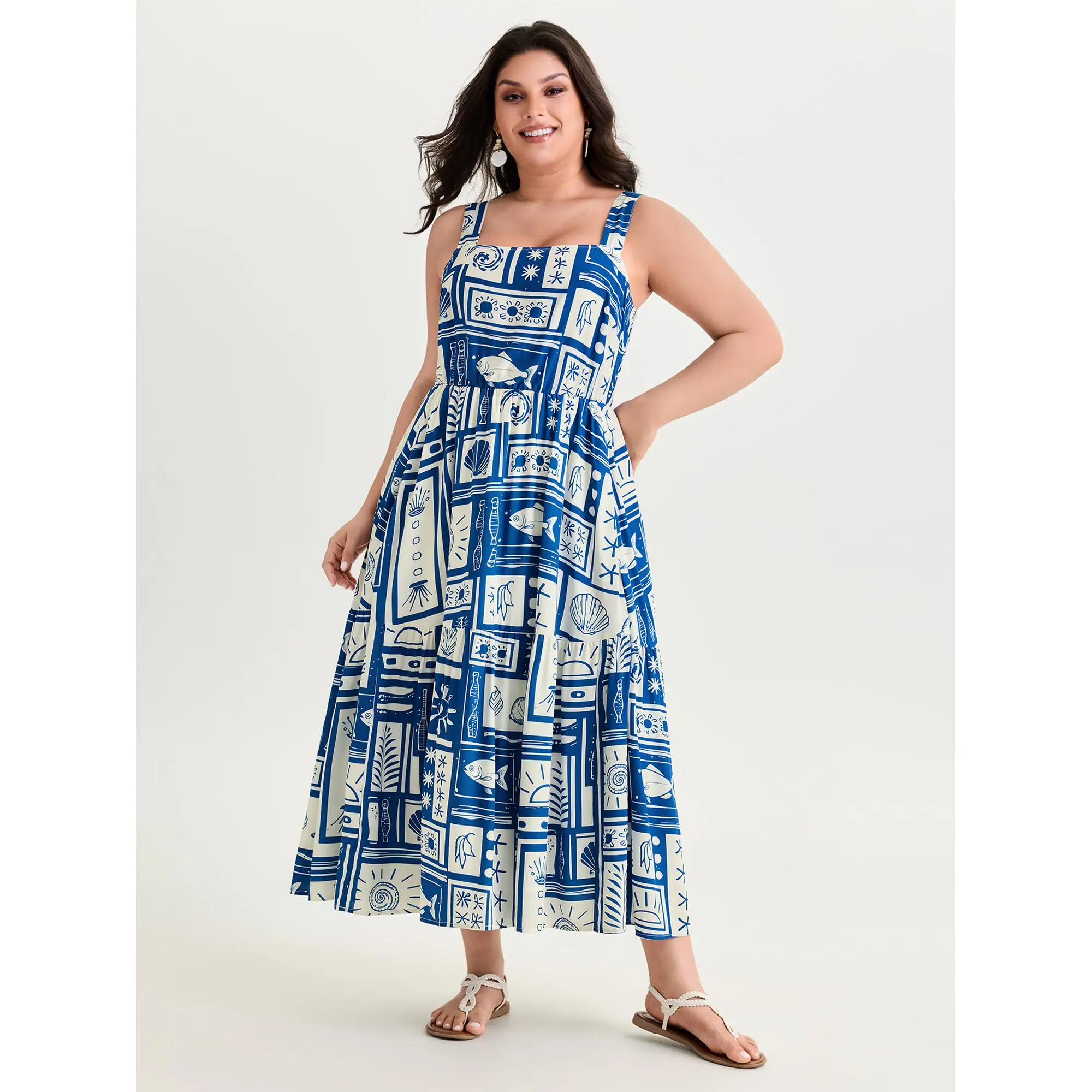 BloomChic Women's Plus Size Resort Nautical Print Sleeveless Smocked Tiered Rayon Dress, Pull-On Casual Wear with Pocket, Smooth Fabric, Hand Wash Only, Large Size Casual Dresses