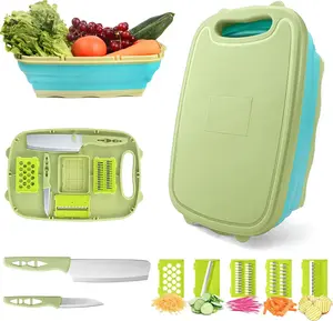 Camping Cutting Board, HI NINGER Collapsible Chopping Board with Colander, 9-In-1 Multi Chopping Board Kitchen Vegetable Washing Basket for Camping,Best Gift for Family Party,Camping Gifts Camping Accessories for RV Campers