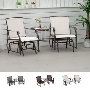 Outsunny Outdoor Glider Chairs with Coffee Table, Patio 2-Seat Rocking Chair Swing Loveseat with Breathable Sling for Backyard, Garden, and Porch