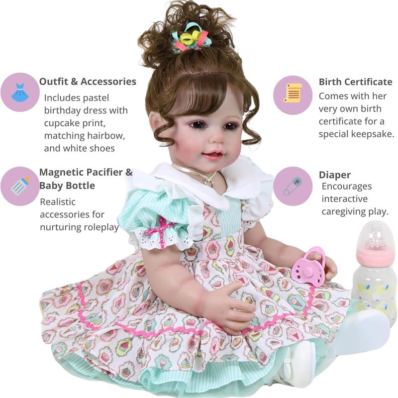 “Happy Birthday Girl” – 22” Realistic Reborn Toddler Doll with Rooted Hair, Soft Full Vinyl Body, 3D Painted Face Veins, Festive Cupcake Party Dress, Accessories – Ages 3+