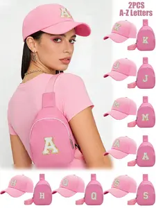 2PCS A-Z Letter Embroidered Baseball Cap Sling Bag Set for Women, Pink Adjustable Hat and Crossbody Chest Bag, Fashion Initial Letter Gift for Girls