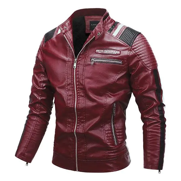 Men’s Burgundy Colorblock Striped Faux Leather Motorcycle Coat - Long Sleeve Menswear Outerwear, Windproof, Wear-Resistant, 3D Pleats, Fitted Cut, Suitable for Commuting, Casual Dates, Retro Street, Fashionable Tops