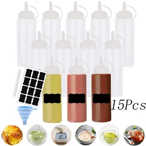 15Pcs Squeeze Bottles with 1 Silicone Funnel,1 Labels,1 Pen,Plastic ketchup Squeeze bottle,Condiment bottle with Twist,Sauce Squirt bottle,For Dressing,DIY Paint