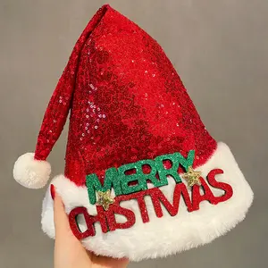 Merry Christmas Santa Claus Hats for Kids & Adults - Plush Red & White Sequin Santa Hat - Perfect Holiday Decorations & Gifts