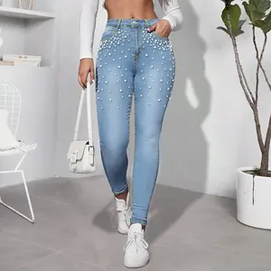 [US Shipping] MW Shiny Women's Elegant Pearl - Decorated Denim Skinny Jeans