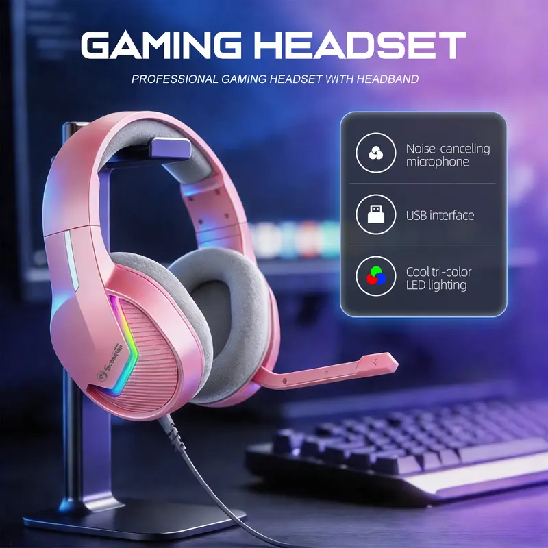 Wired Gaming Headset RGB USB 2.0 Interface 50mm Drivers Fabric Ear Cushions High-fidelity Sound Call Functionality In-line Controls Ideal for Music Studying and Gaming