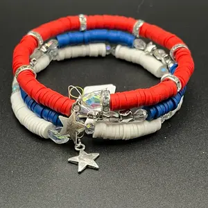 Red White and Blue Clay Beads Memory Wire Bracelet with Star Charm and Patriotic Colors