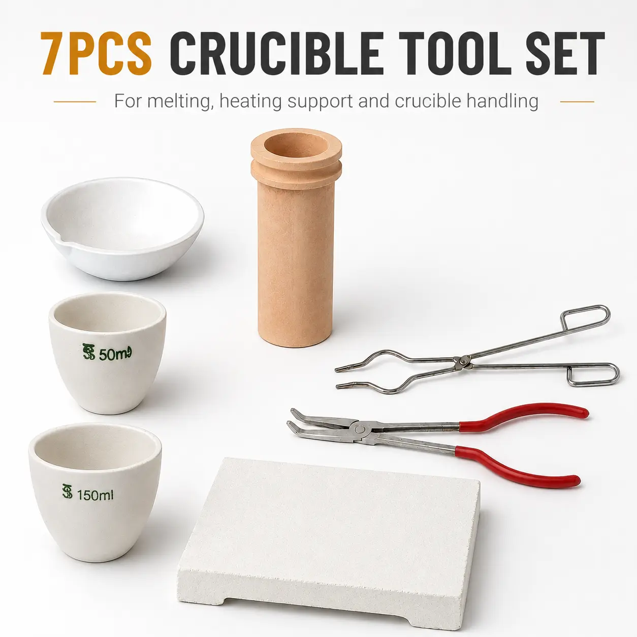 DIY Jewelry Making 7PCS 2KG Heat-Resistant Ceramics Melting Crucible Kit with Tongs, Refractory Bricks, Melting Pliers for Metal Casting, Metalwork Workshop Use