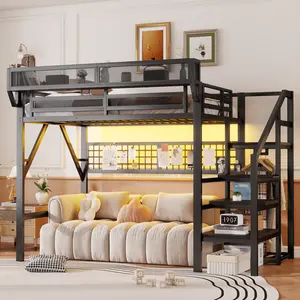Full Size Loft Bed with Stairs & LED Lights, Heavy Duty Metal Full Loft Bed Frame with Storage Shelves and Wardrobe for Teens, Adults, Loft Bed with Large Under-Bed Space, Black