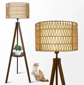 YYDS Boho Tripod Floor Lamp with Shelves, Mid Century Wood Standing Lamp with Rattan & Fabric Shades, ON/Off Foot Switch, Modern Farmhouse Tall Floor Lamps for Living Room Bedroom Office
