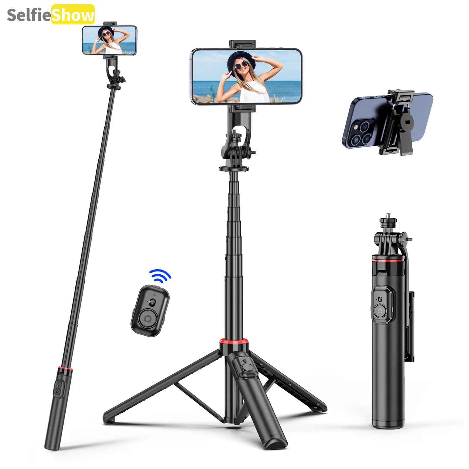 52" Aluminum Selfie Stick Tripod Stabilizer, Extendable Cellphone Rotating Stand with 360° Rotation, Bluetooth Remote Control, Detachable Holder, Universal 1/4" Mount for Vlogging, Content Creators (Mobile Accessories)