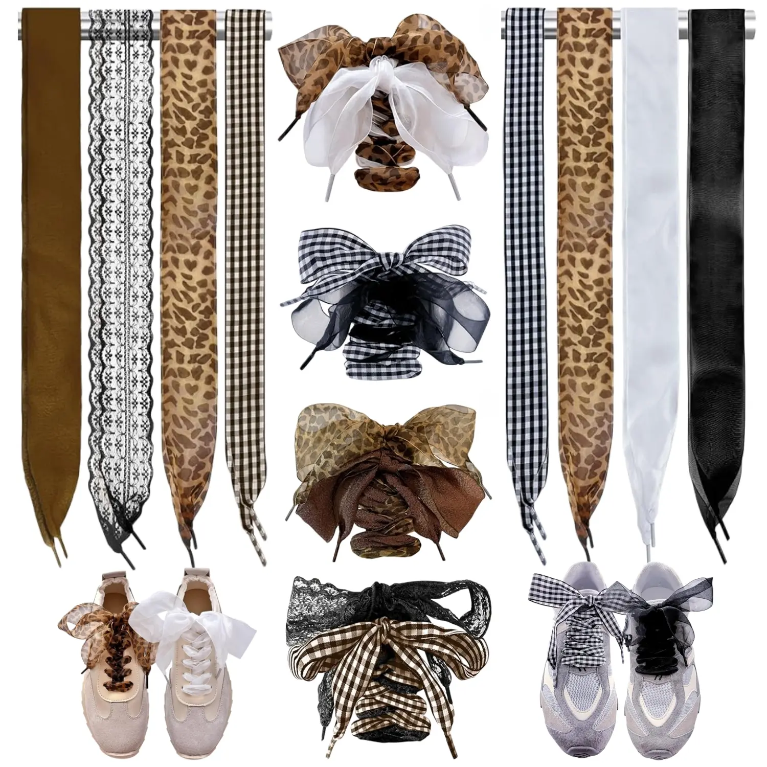 Ribbon Shoelaces, 8 Pairs, Assorted Patterns and Colors for Sneakers and Casual Shoes