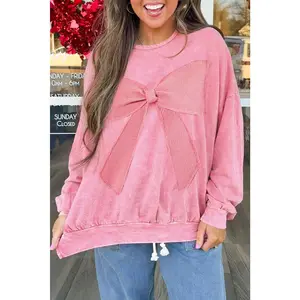 Bright Pink Mineral Wash Waffle Bow Patched Pullover Sweatshirt